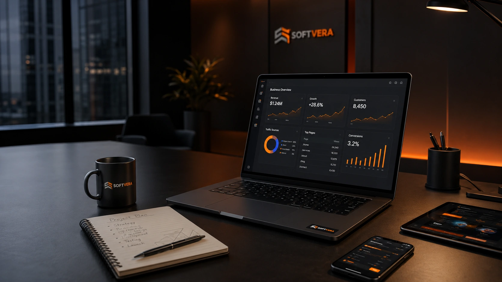 A realistic Softvera digital workspace showing a business analytics dashboard across connected devices